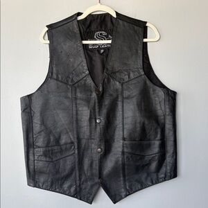 SHAF Leather Black Motorcycle Biker Vest ~ Lined ~ Snap Front ~ Men Sz 46